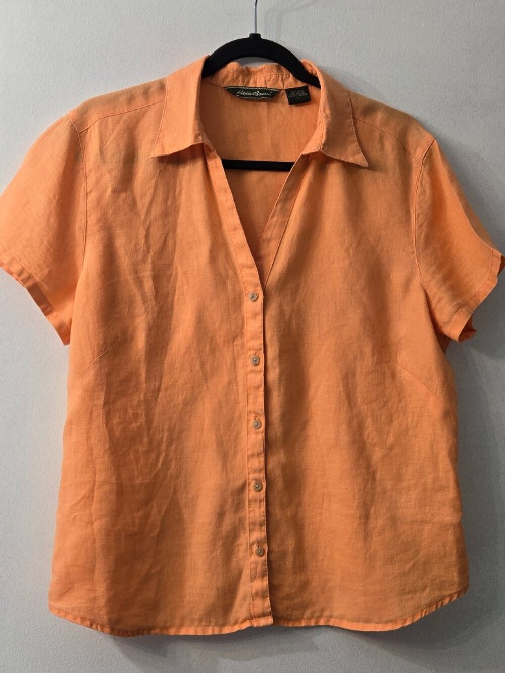 Eddie Bauer 100% Linen Button Front Shirt Womens Large Orange Short Sleeve